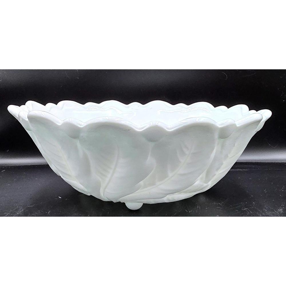 Wild‎ Rose Indiana Glass Vintage 9" White Milk Glass Bowl Leaf & Flower Embossed